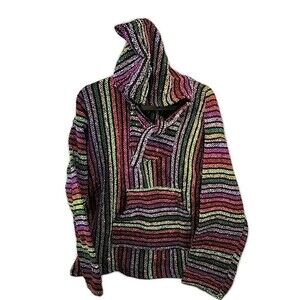 Artesanias Unisex Hoodie Large Bright Colorful Stripes Boho Hippie Aztec Neon